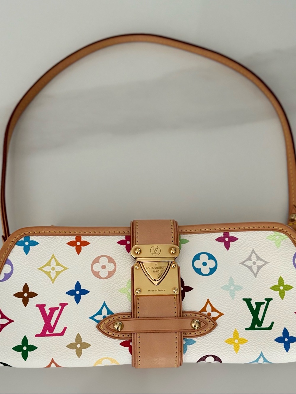 Louis Vuitton Multicolor Monogram White Canvas Shoulder Bag with Tan Trim